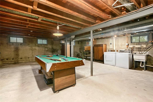54 Schuyler Dr, Commack, NY 11725 - playroom with separate washer and dryer, concrete floors, a sink, and billiards