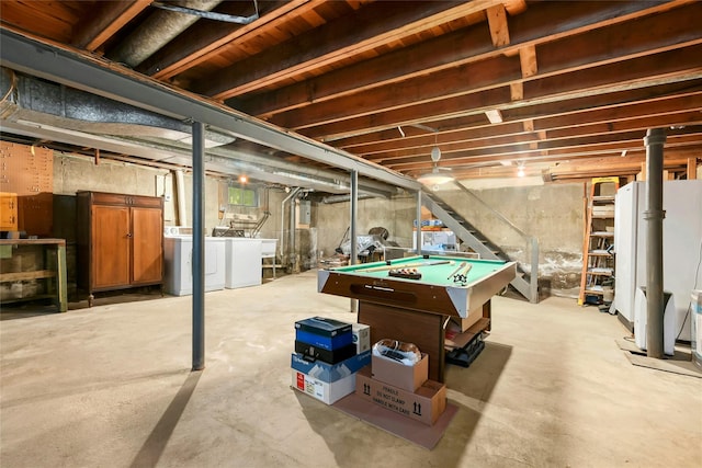 54 Schuyler Dr, Commack, NY 11725 - playroom with separate washer and dryer, unfinished concrete flooring, and pool table