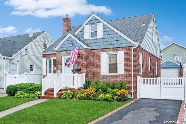 bungalow with fence, a front yard, a chimney, brick siding, and an outbuilding