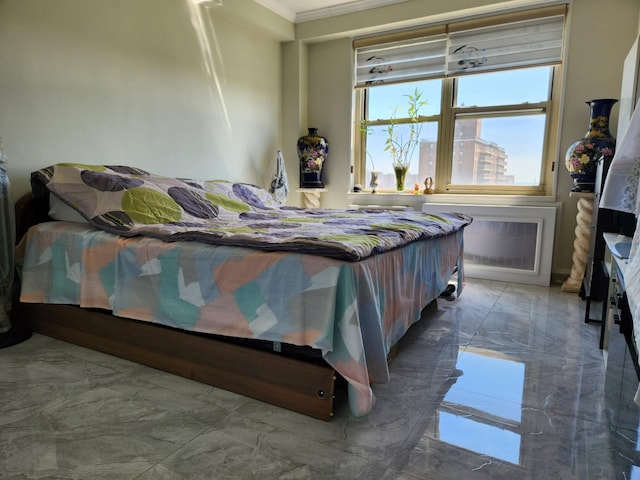 bedroom featuring crown molding and marble finish floor