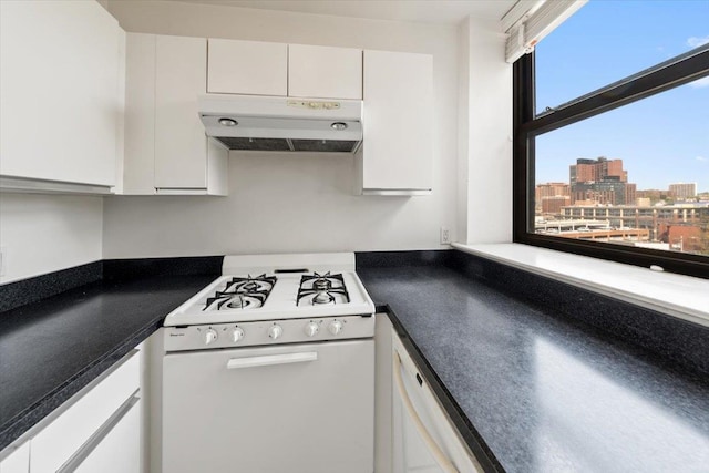 23 Water Grant St Unit 11C, Yonkers, NY 10701 - kitchen featuring white gas range, under cabinet range hood, white cabinetry, dark countertops, and a view of city