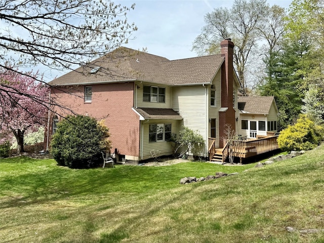 4 Pine Glen Dr, Blauvelt, NY 10913 - rear view of property featuring roof with shingles, a wooden deck, a yard, and a chimney