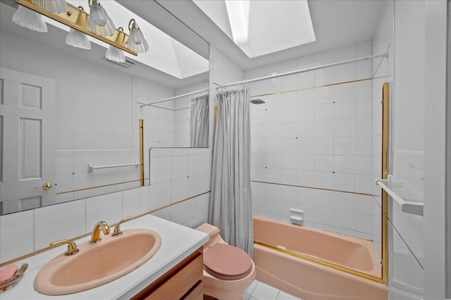 4 Pine Glen Dr, Blauvelt, NY 10913 - bathroom featuring backsplash, tile walls, vanity, toilet, and shower / bathtub combination with curtain