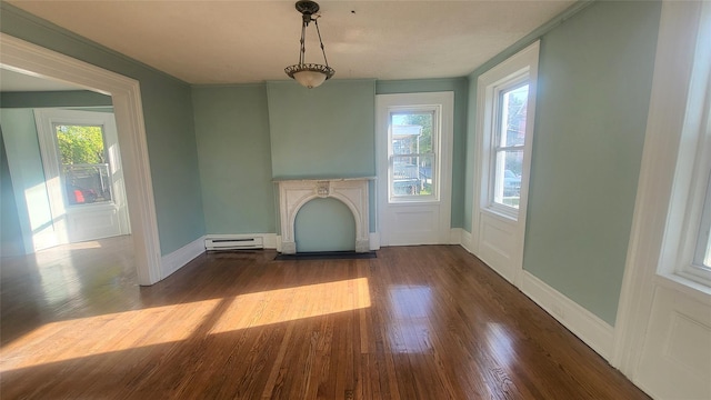 107 Garden St, Poughkeepsie, NY 12601 - unfurnished living room featuring baseboards, a baseboard heating unit, and wood finished floors