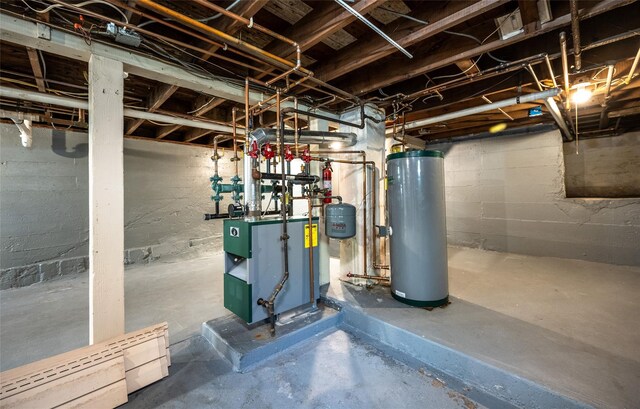 unfinished below grade area with a heating unit and water heater