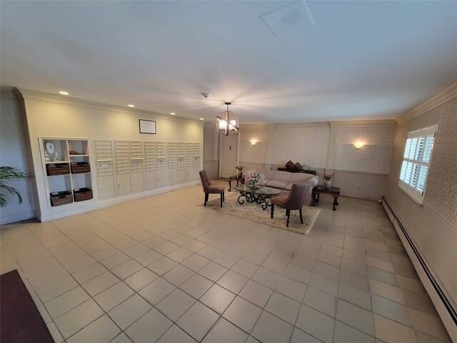tiled living area with a baseboard radiator, wallpapered walls, ornamental molding, and wainscoting