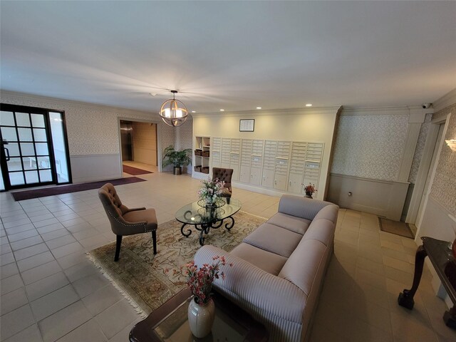 tiled living area with wallpapered walls, a wainscoted wall, and ornamental molding