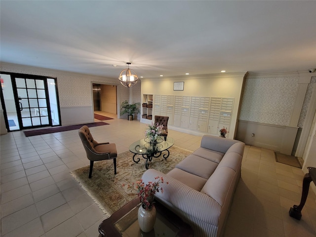 living area with wallpapered walls, wainscoting, tile patterned flooring, and ornamental molding
