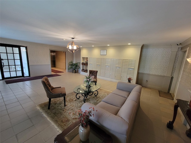 108 Sagamore Rd Unit 5F, Tuckahoe, NY 10707 - living room featuring wallpapered walls, a wainscoted wall, tile patterned flooring, ornamental molding, and recessed lighting