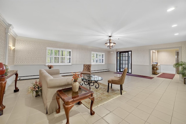 108 Sagamore Rd Unit 5F, Tuckahoe, NY 10707 - tiled living area with wallpapered walls, crown molding, a baseboard heating unit, wainscoting, and a chandelier