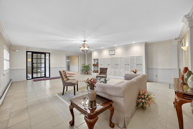 108 Sagamore Rd Unit 5F, Tuckahoe, NY 10707 - living room with wallpapered walls, wainscoting, crown molding, light tile patterned flooring, and a chandelier