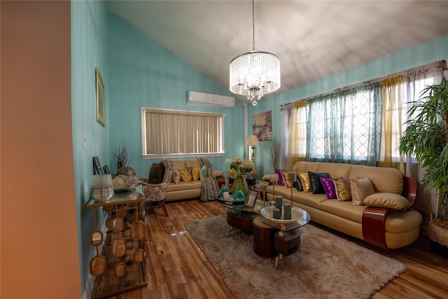 living room with high vaulted ceiling, a wall mounted AC, hardwood / wood-style floors, and a notable chandelier