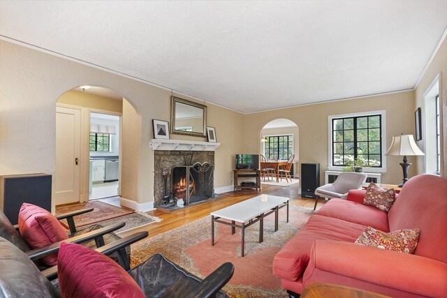 living room featuring baseboards, wood finished floors, a fireplace, and arched walkways