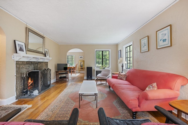 living room with a stone fireplace, ornamental molding, wood finished floors, and arched walkways