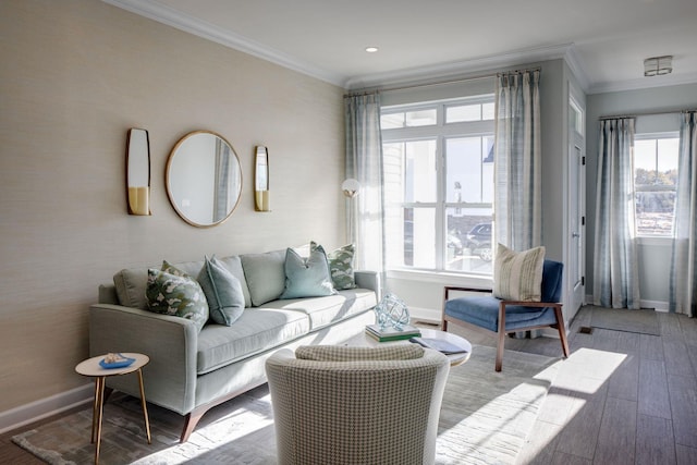 living area featuring crown molding and baseboards