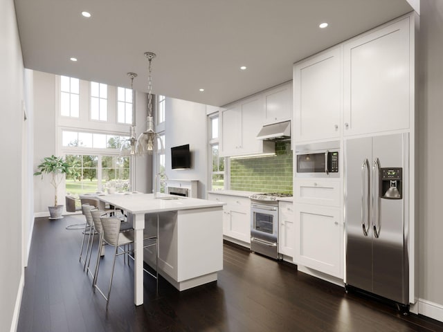 kitchen with white cabinets, a breakfast bar, stainless steel appliances, and under cabinet range hood
