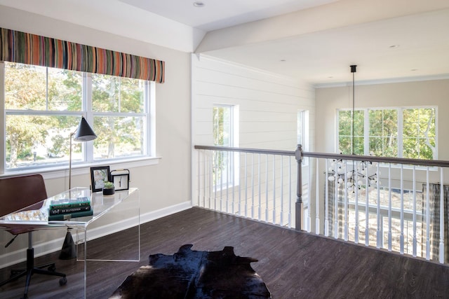 office space featuring baseboards, wood finished floors, and a wealth of natural light