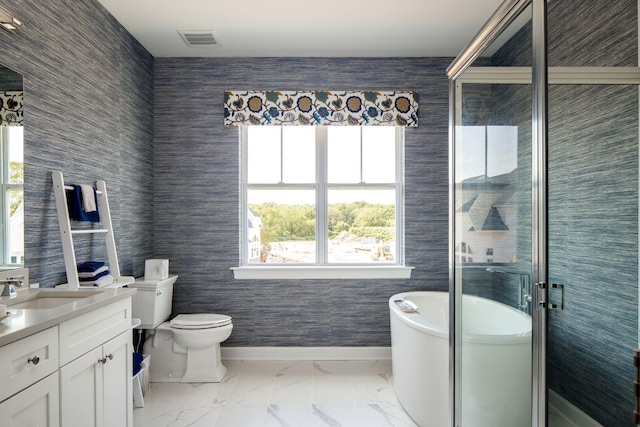 bathroom with vanity, toilet, marble finish floor, baseboards, and visible vents