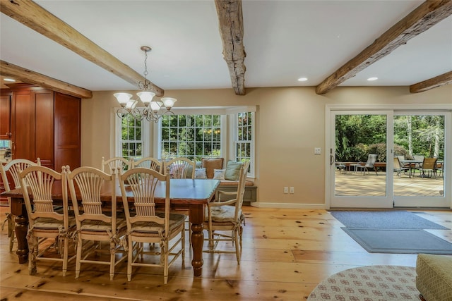 dining room featuring baseboards, beamed ceiling, light wood finished floors, an inviting chandelier, and recessed lighting