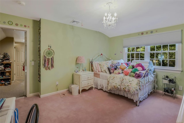bedroom with visible vents, baseboards, lofted ceiling, an inviting chandelier, and carpet