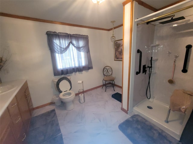 bathroom featuring baseboards, a walk in shower, toilet, and vanity