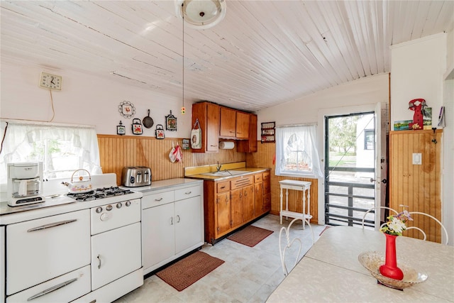 2641 Salt Point Tpke, Clinton Corners, NY 12514 - kitchen with lofted ceiling, light countertops, wooden walls, white cabinetry, and a sink