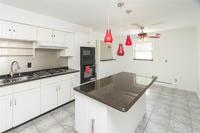 57 E Rock Cut Rd, Walden, NY 12586 - kitchen featuring black appliances, a sink, under cabinet range hood, ceiling fan, and white cabinetry