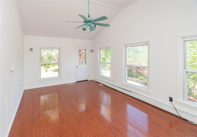 57 E Rock Cut Rd, Walden, NY 12586 - unfurnished room featuring baseboard heating, wood finished floors, baseboards, a ceiling fan, and high vaulted ceiling