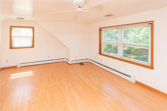 57 E Rock Cut Rd, Walden, NY 12586 - empty room featuring a baseboard radiator, light wood-type flooring, baseboards, a ceiling fan, and vaulted ceiling