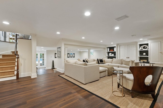 living room featuring stairway, wood finished floors, recessed lighting, and baseboards