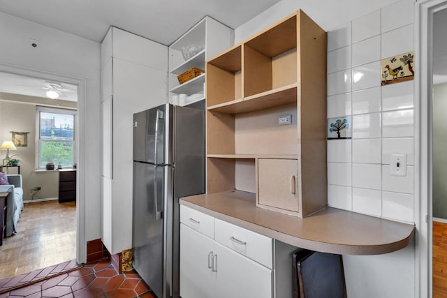 2601 Henry Hudson Pkwy Unit 5E, Bronx, NY 10463 - kitchen featuring freestanding refrigerator, open shelves, white cabinetry, a ceiling fan, and open floor plan