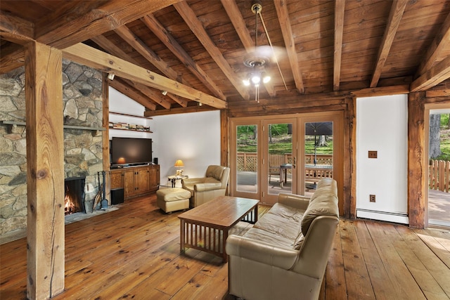 living area featuring baseboard heating, wooden ceiling, hardwood / wood-style floors, and a fireplace