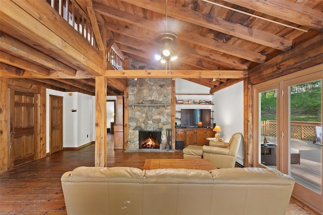 living area with wooden ceiling, wood-type flooring, a fireplace, a ceiling fan, and a baseboard heating unit