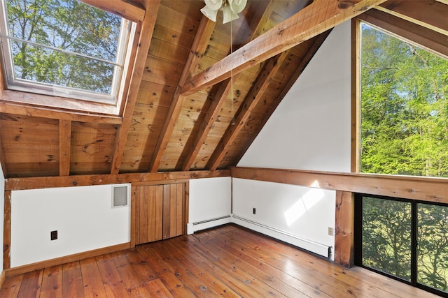 bonus room featuring wood ceiling, hardwood / wood-style floors, plenty of natural light, and baseboard heating