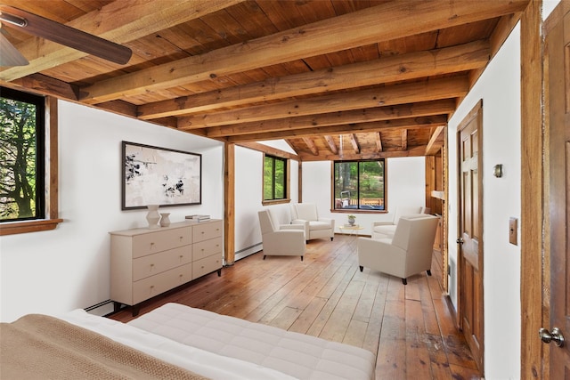 38 Waccabuc Rd, Goldens Bridge, NY 10526 - bedroom featuring baseboard heating, wood ceiling with exposed beams, and wood-type flooring