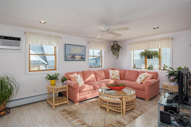 159 Araca Rd, Babylon, NY 11702 - living room with a wall unit AC, light wood-type flooring, ceiling fan, baseboard heating, and recessed lighting