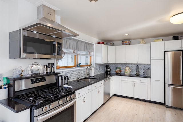 159 Araca Rd, Babylon, NY 11702 - kitchen featuring appliances with stainless steel finishes, a sink, tasteful backsplash, island range hood, and white cabinets
