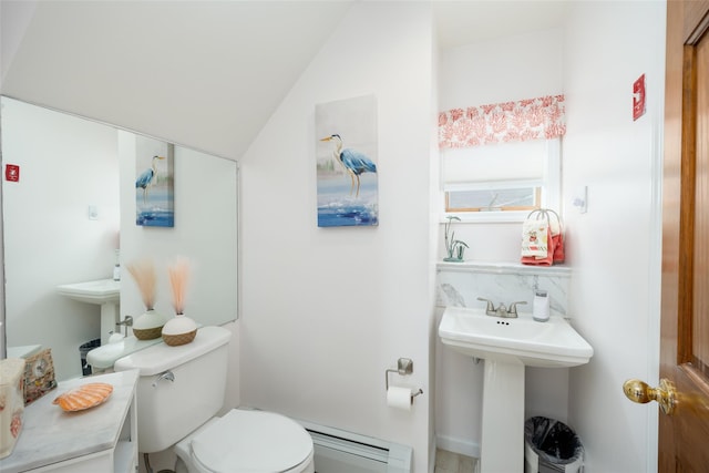159 Araca Rd, Babylon, NY 11702 - half bathroom with baseboard heating, toilet, a sink, decorative backsplash, and lofted ceiling