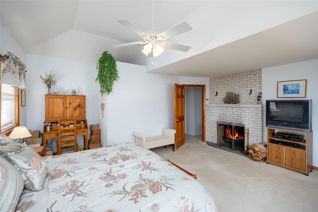159 Araca Rd, Babylon, NY 11702 - bedroom with light carpet, a brick fireplace, lofted ceiling, and ceiling fan