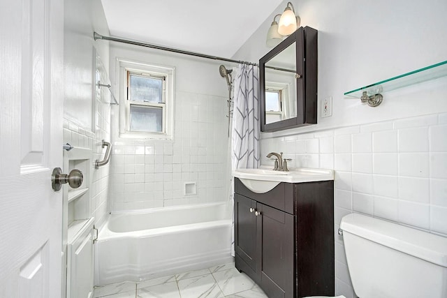 121 N Broadway # 31A, White Plains, NY 10603 - bathroom with toilet, shower / bathtub combination with curtain, tile walls, marble finish floors, and vanity