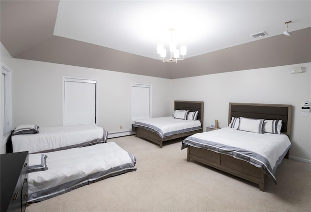 10-12 Damian Ct, Chester, NY 10918 - bedroom with light carpet, a chandelier, a baseboard radiator, lofted ceiling, and baseboards