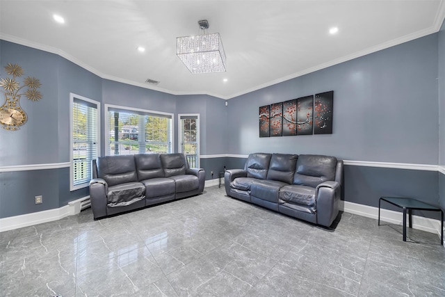 10-12 Damian Ct, Chester, NY 10918 - living area with baseboards, recessed lighting, crown molding, a baseboard radiator, and a chandelier