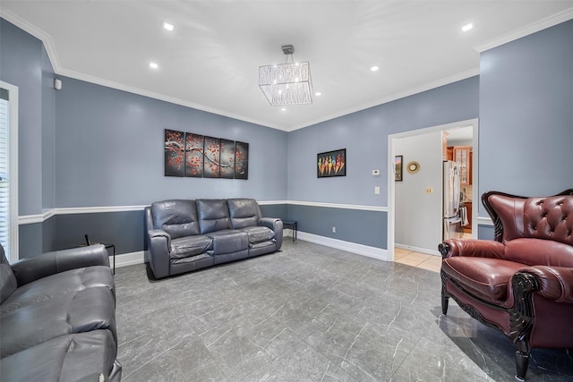 10-12 Damian Ct, Chester, NY 10918 - living area with recessed lighting, baseboards, ornamental molding, a chandelier, and marble finish flooring