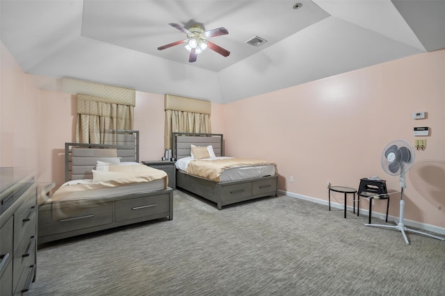 10-12 Damian Ct, Chester, NY 10918 - bedroom featuring a tray ceiling, carpet flooring, baseboards, a ceiling fan, and vaulted ceiling