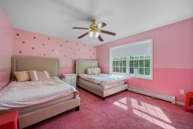 10-12 Damian Ct, Chester, NY 10918 - carpeted bedroom with a baseboard heating unit, a ceiling fan, wallpapered walls, and baseboards