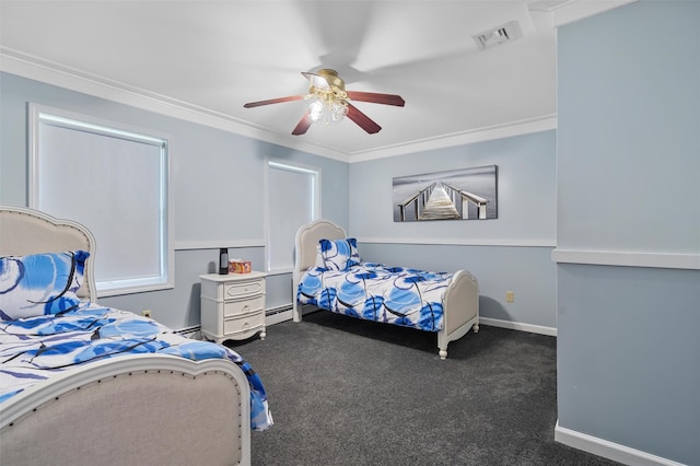 10-12 Damian Ct, Chester, NY 10918 - carpeted bedroom featuring a baseboard heating unit, baseboards, ornamental molding, and a ceiling fan