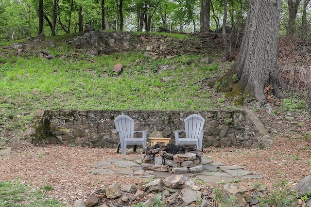 view of yard with a fire pit