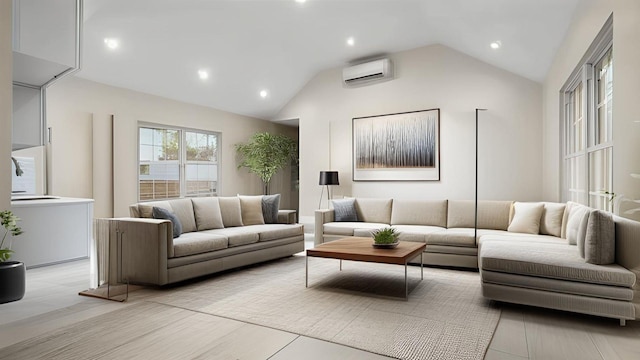 living room featuring recessed lighting, vaulted ceiling, and a wall unit AC