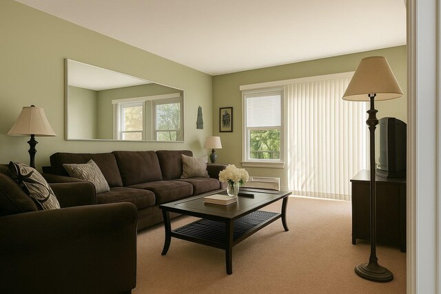 living area featuring light colored carpet and a healthy amount of sunlight