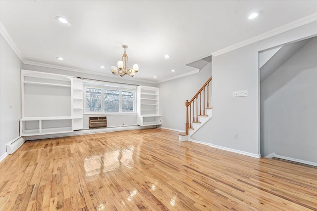3135 Gunther Ave, Bronx, NY 10469 - unfurnished living room featuring an inviting chandelier, light wood-style floors, crown molding, and baseboards